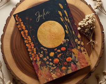 Personalized Witchy Moon Journal, Custom Celestial Notebook with Name, Boho Floral Lunar Diary, Aesthetic Astrology Gift for Her