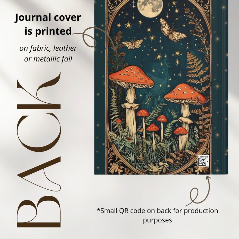 May include: A journal cover with a whimsical illustration featuring mushrooms, butterflies, and a full moon against a dark blue starry background. The cover is printed on fabric, leather, or metallic foil. The word "BACK" is printed on the left side.