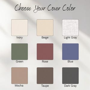 Może przedstawiać: Wzornik kolor&oacute;w z napisem Choose Your Cover Color przedstawiający dziewięć kwadratowych pr&oacute;bek w kolorach kości słoniowej, beżowym, jasnoszarym, zielonym, r&oacute;żanym, niebieskim, mokka, taupe i ciemnoszarym. Każda pr&oacute;bka jest podpisana nazwą koloru.