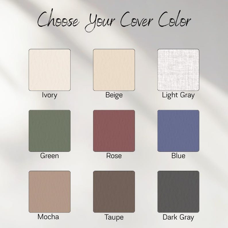 Może przedstawiać: Wzornik kolor&oacute;w z napisem Choose Your Cover Color przedstawiający dziewięć kwadratowych pr&oacute;bek w kolorach kości słoniowej, beżowym, jasnoszarym, zielonym, r&oacute;żanym, niebieskim, mokka, taupe i ciemnoszarym. Każda pr&oacute;bka jest podpisana nazwą koloru.