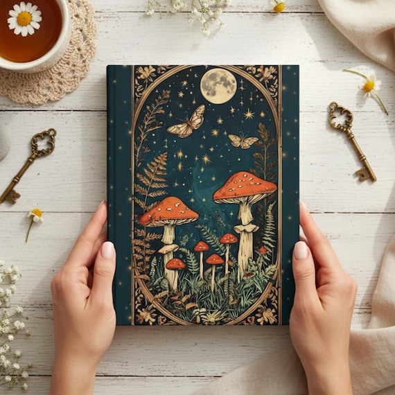 Magical Mushroom Journal – Witchy Notebook with Moon & Moths | Fantasy Cottagecore Forest Diary