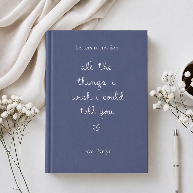 Może przedstawiać: Niebieski dziennik w twardej oprawie z białym napisem Letters to my Son, all the things i wish i could tell you oraz Love, Evelyn, z małą białą ikoną serca wyśrodkowaną pod tekstem na przedniej okładce książki.