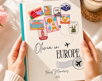 Spersonalizowany dziennik podróży po Europie | Notatnik z własnym imieniem | Dziennik podróży po Europie | Książka pamiątkowa ze znaczkami z podróży | Prezent dla niej z okazji podróży