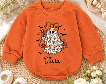 Personalized Halloween Ghost Baby Romper, Custom Name Pumpkin Bow Outfit, Spooky Season Bodysuit, First Halloween Baby Girl Gift