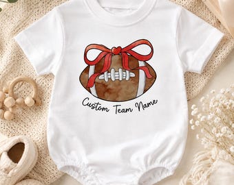 Personalized Football Baby Romper, Custom Team Name Game Day Outfit, Football Bow Bodysuit, Baby Shower Gift for Girl