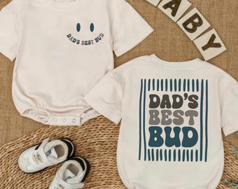 Dads Best Bud Baby Bubble Romper, Fathers Day Summer Outfit, Retro Smiley Neutral Infant Bodysuit, Cute Toddler Boy Girl Gift