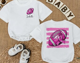 Personalized Pink Ribbon Football Baby Romper, Game Day Girl Outfit, Breast Cancer Awareness, Custom Name Front Back Print