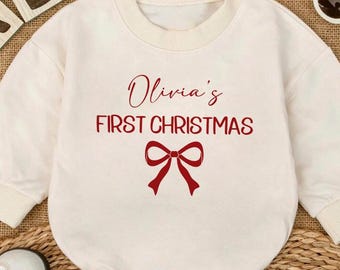 Baby’s First Christmas Romper, Personalized First Christmas Outfit, Custom Name Bow Romper, Newborn Holiday Sweater, Xmas Gift Baby