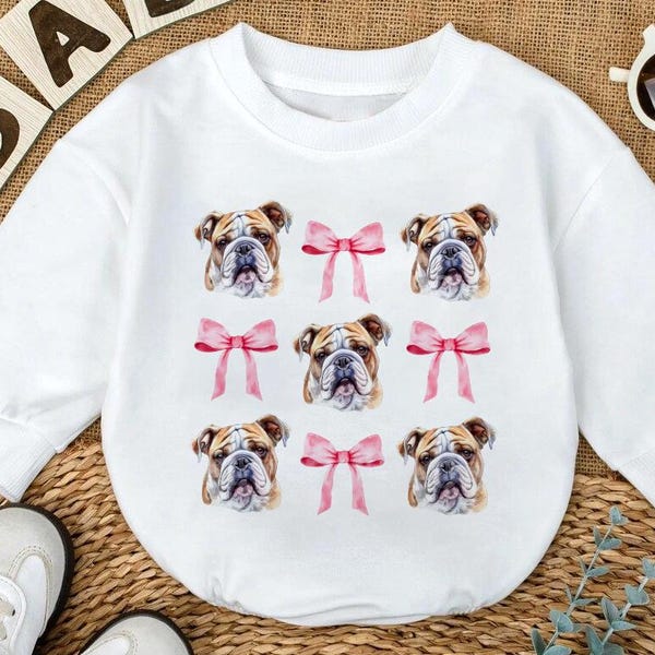 Coquette English Bulldog Baby Romper, Pink Bow Dog Face Outfit, Trendy Bulldog Mom Gift, Cute Pet Lover Onepiece, Toddler Boy Girl Bodysuit