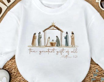 The Greatest Gift Of All Baby Romper, Christian Christmas Baby Romper, Nativity Scene Religious Bodysuit,  Matthew 1:21 Scripture Clothes