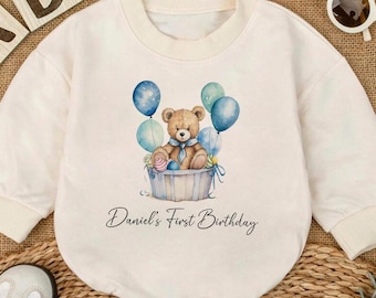 Blue Teddy Bear 1st Birthday Romper, Baby Boy First Birthday Outfit, Teddy Bear Romper, One Year Old Boy Birthday Bodysuit