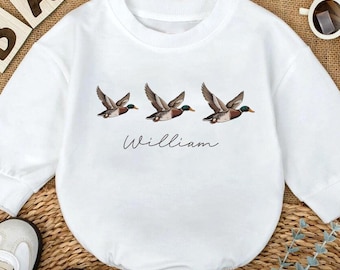 Personalized Baby Boy Bubble Romper, Mallard Duck Hunting & Fishing Outfit, Deer Camo Hunting Buddy, Camo Woodland Baby Shower Gift