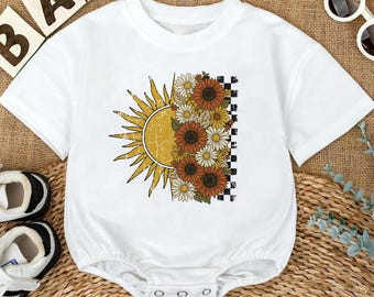 Vintage Sunflower Baby Romper, Boho Summer Outfit, Baby Floral Festival Playsuit, Cottagecore Sun Print, Jumpsuit Newborn Gift