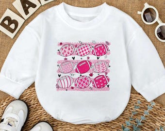 Pink Football Baby Romper, Personalized Football Baby Outfit, Baby Girl 1st Birthday Romper, Pink Game Day Gift