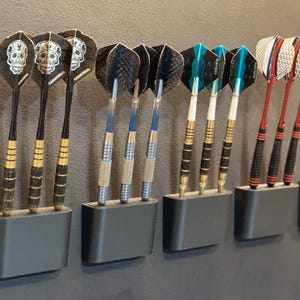 Könnte beinhalten: Eine Sammlung von Dartpfeilen in schwarzen Halterungen. Die Pfeile haben verschiedene Designs, darunter Totenköpfe und geometrische Muster. Die Schäfte sind gold, silber und schwarz, mit blauen, grünen und roten Flights.