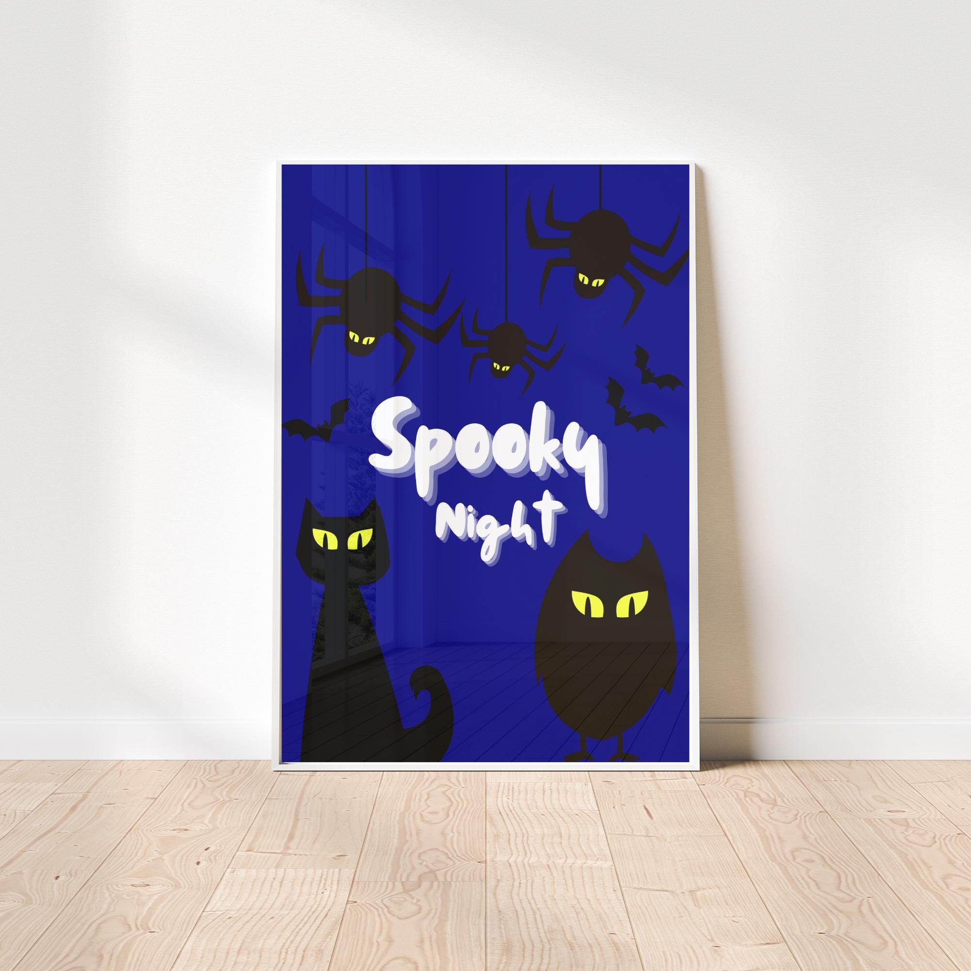 Spooky Night Halloween Print | Cat Owl Spiders Illustration | Halloween Wall Art | Spooky Digital De