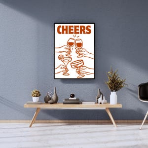 Plakat cyfrowy tonalny Cheers, ilustracja, różne szklanki do drinków, typografia, portret, sztuka współczesna, wózek barowy, różne rozmiary