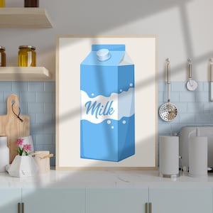 Decoração de cozinha moderna, impressão de ilustração de caixa de leite, pôster digital azul, branco e rosa para download, vários tamanhos