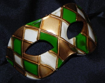 Off White, Green and Gold Harlequin Mask