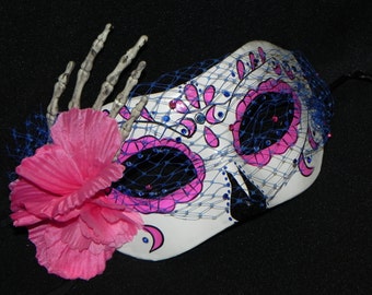 Pink and White Day of the Dead Mask with Veil and Skeleton Hand Accents - Halloween Mask