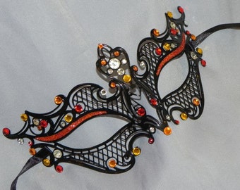 Petite Metallic Filigree Masquerade Mask with Red, Orange and Yellow Accents - Made To Order