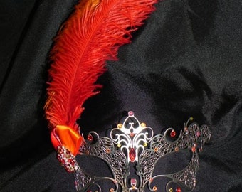 Red, Orange and Yellow Metal Masquerade Mask with Ostrich Feathers