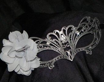 Silver Metallic Mask with Chiffon Floral Accent