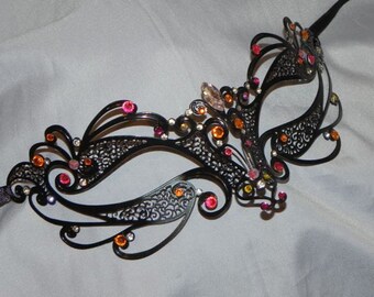 Floral Metallic Filigree Masquerade Mask with Pink, Orange and Yellow Accents