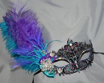 Black, Purple, Turquoise and Silver Metallic Masquerade Mask - Made to Order