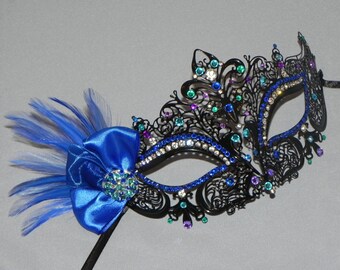 Black Metal Mask with Accents in Royal Blue, Purple and Teal - Peacock Colors
