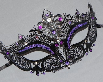 Black Rhinestone Metallic Masquerade Mask with Purple Gem Accents