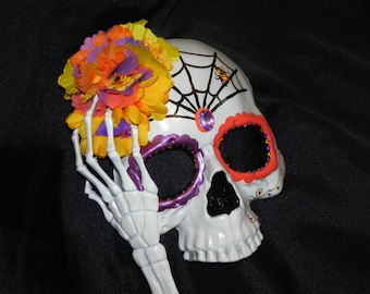 Multi Colored Day of the Dead Mask with Skeleton Hand Accent - Halloween Mask