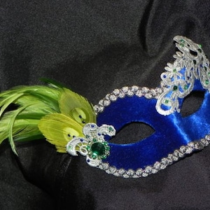 Velvet, Lace and Feather Masquerade Mask in Royal Blue, Lime Green and Silver
