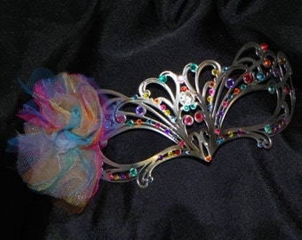 Silver Metallic Mask with Multi Color Stone and Tulle Floral Accent - Made to Order