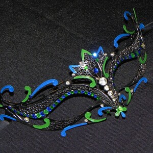 Flora Metallic Filigree Masquerade Mask with Green and Blue Accents