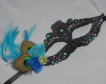 Petite Soft Lace Black Masquerade Mask with Peacock Feathers, Teal and Blue Stones and Accents