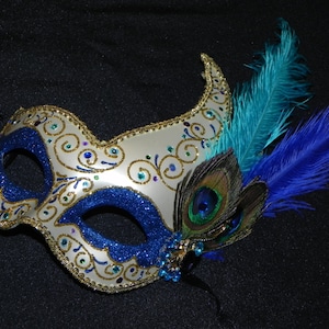 Halloween Mask in Teal, Ivory and Gold with Peacock Feather Accents - Luna Mask