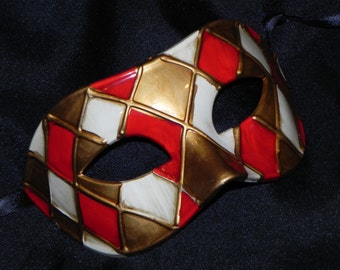 Off White, Red and Gold Harlequin Mask