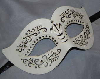White Leather Mask with Cut Out and Rhinestone Accents