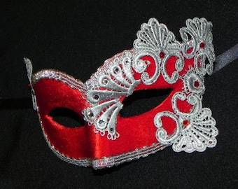 Masquerade Mask in Red and Silver with Velvet and Lace Accents