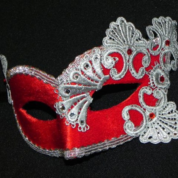 Masquerade Mask in Red and Silver with Velvet and Lace Accents