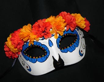 Orange, Yellow, Blue and White Day of the Dead Mask - Halloween Mask