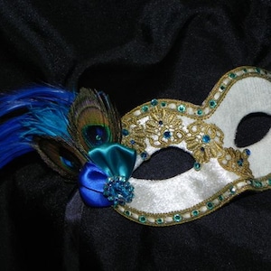 White Velvet Venetian Mask with Gold Lace, Royal Blue, Teal and Peacock Accents