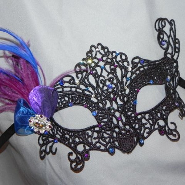 Black Lace Mask with Purple and Blue Feathers and Accents