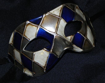 Off White, Royal Blue and Silver Harlequin Mask