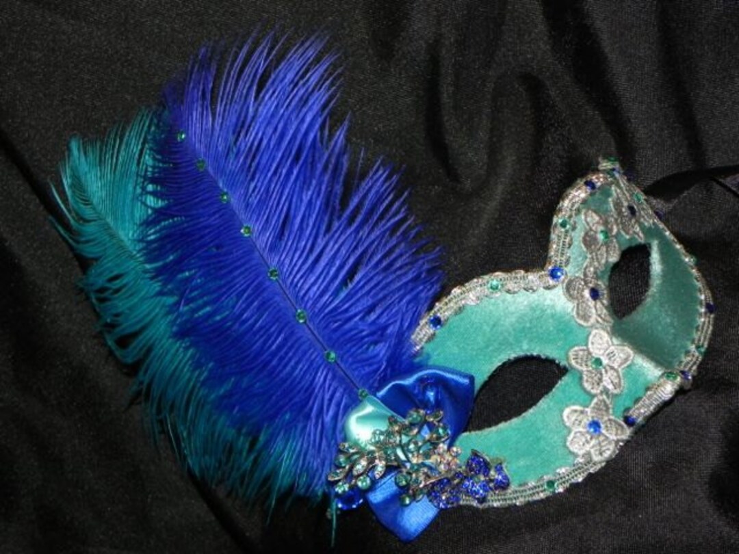 Lace and Feather Masquerade Mask in Royal Blue, Aqua and Silver - Etsy