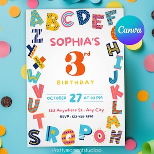 abc kid invitation template, customizable Canva design for kids&#39; parties, digital download, fun and colorful, 2nd, 3rd, 4th, 5th birtdhay