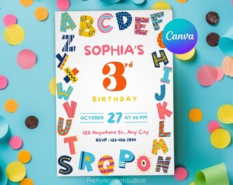 abc kid invitation template, customizable Canva design for kids' parties, digital download, fun and colorful, 2nd, 3rd, 4th, 5th birtdhay