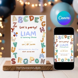 Invitación de cumpleaños con el alfabeto, invitación electrónica para fiesta infantil, tarjeta de invitación con el alfabeto, plantilla editable de Canva, 2.º, 3.º, 4.º, 5.º cumpleaños, descarga