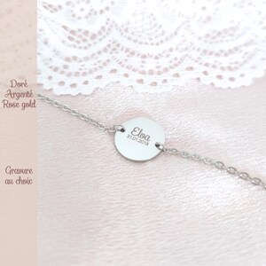 Pulsera de plata personalizada para mujer, medallón para grabar • Grabado de nombre y fecha de nacimiento • Joyas personalizadas para mamá • Idea de regalo de nacimiento
